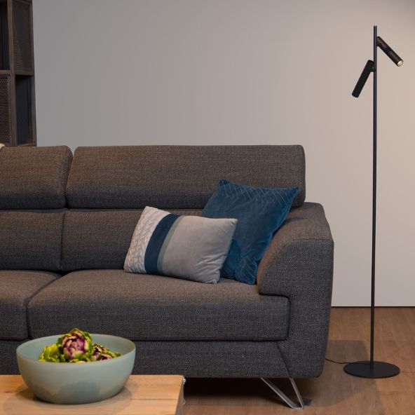 Zwarte vloerlamp met een dubbele kantelbare kop Zwarte kantelbare staande lamp